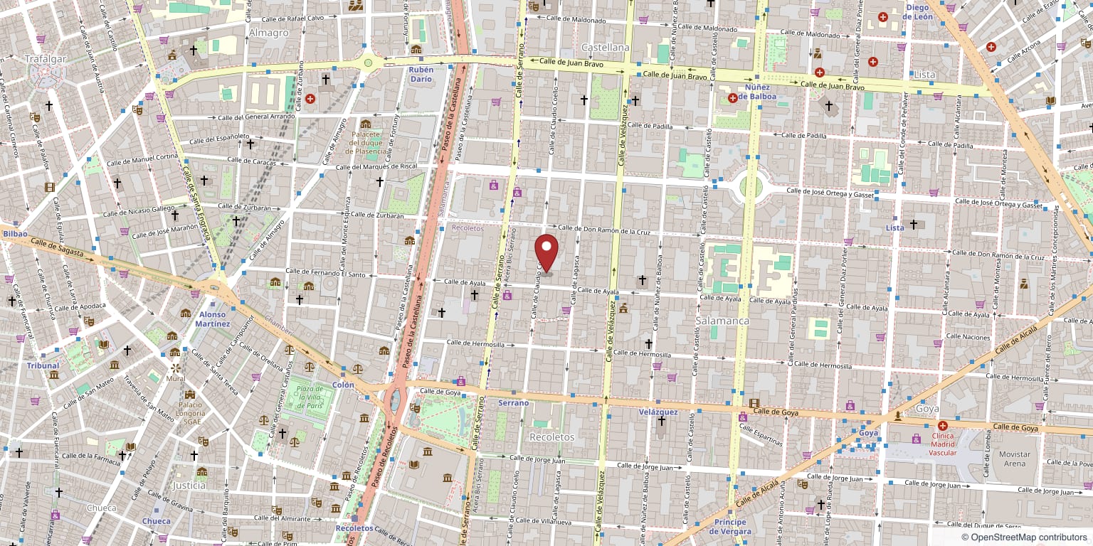 Map of the area around the office: Calle Velázquez 27, Salamanca district, Madrid (OpenStreetMap)